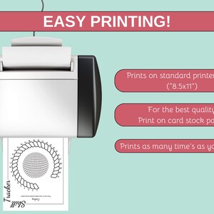May include: A printer is shown with a printed sheet of paper. The paper has a circular design with the word "Tracker" and "Skill" printed on it. The image also includes the text "EASY PRINTING!" and instructions for printing on standard paper.