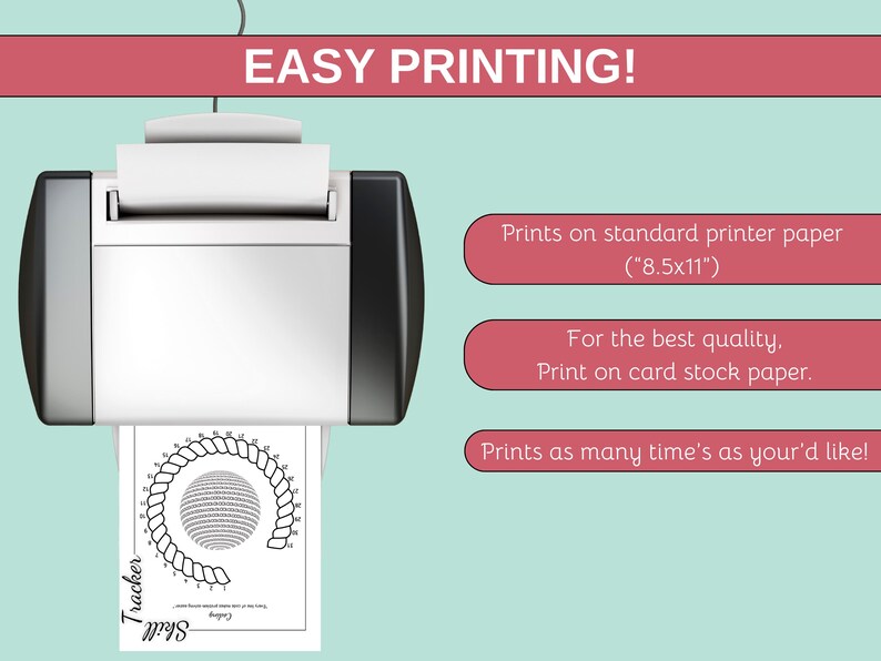 May include: A printer is shown with a printed sheet of paper. The paper has a circular design with the word "Tracker" and "Skill" printed on it. The image also includes the text "EASY PRINTING!" and instructions for printing on standard paper.