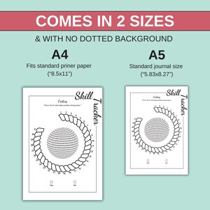 May include: Two white skill tracker printables, A4 size (21.59x27.94 cm) and A5 size (14.81x21 cm). Each features a spiral design around a sphere, with the word "Skill" and "Tracker" in script.