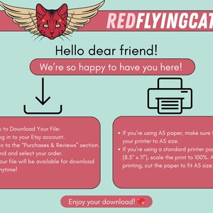 May include: A digital download guide with instructions on how to download a file from Etsy. The image features a red cat with wings, the text "REDFLYINGCAT", and instructions in a pink box. The background is light blue.