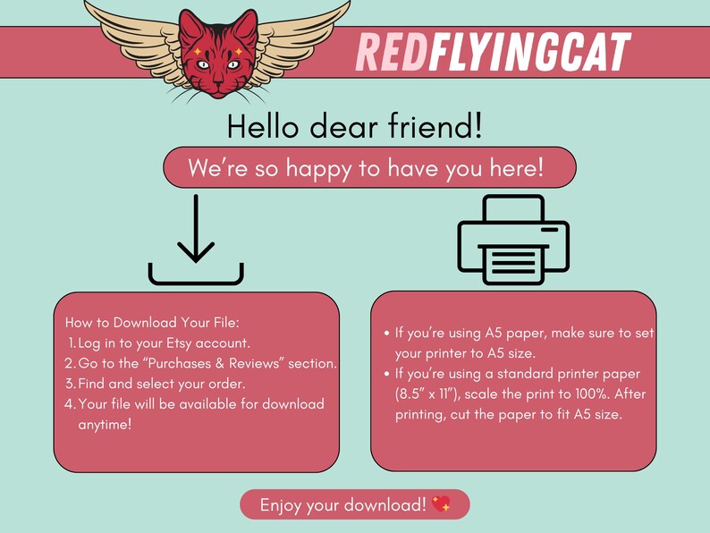 May include: A digital download guide with instructions on how to download a file from Etsy. The image features a red cat with wings, the text "REDFLYINGCAT", and instructions in a pink box. The background is light blue.