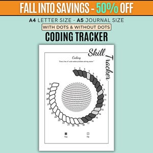 Puede incluir: Un rastreador de codificación en blanco y negro con un diseño en espiral, con números y una esfera central llena de código binario. El texto "Coding Tracker" se muestra de forma destacada, con indicaciones de tamaño A4 y A5.