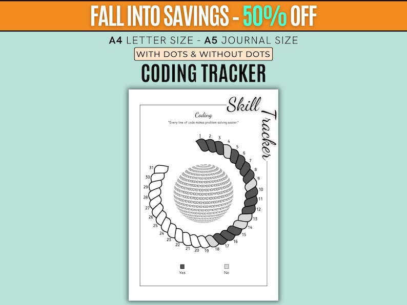 May include: A black and white coding tracker with a spiral design, featuring numbers and a central sphere filled with binary code. The text "Coding Tracker" is displayed prominently, with additional text indicating A4 and A5 journal sizes.