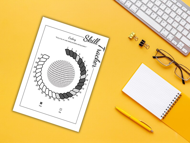 May include: A white paper with a coding skill tracker, a spiral design, and the text "Coding Skill Tracker". The paper is on a yellow surface with a keyboard, glasses, notepad, pen, and binder clips.