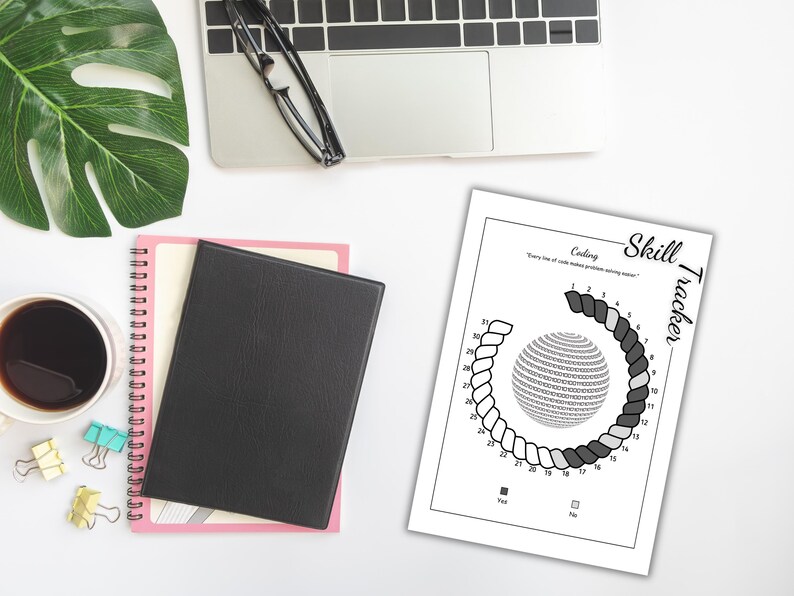 May include: A workspace scene with a laptop, glasses, and a printed "Skill Tracker" sheet for coding. A cup of coffee, a notebook, and a journal are also present. The tracker has a binary code sphere design.