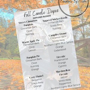 Può includere: Un foglio bianco con il testo "Fall Candle Dupes" e "Diffuser Blends" elenca varie combinazioni di profumi. Lo sfondo presenta una scena autunnale con foglie arancioni e una passerella in legno. Il testo include "Essentials By Alisha" in un logo circolare.