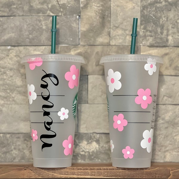 RETRO FLOWER Starbucks cup | Custom Reusable cold tumbler | Flower Personalized cups | Iced Coffee Cup   | Gift for her | Aesthetic.
