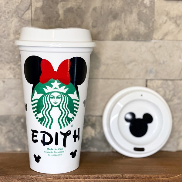 Disney Inspired Starbucks hot Cup / Custom Mickey & Minnie tumbler with name / Multiple options / Reusable hot cup with lid