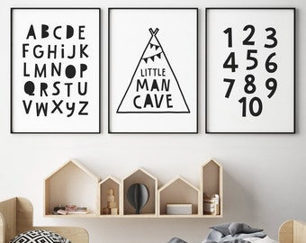 Bedroom Wall Decor Number One Typography Print Black and White. Numbers Poster Swiss Numbers Scandinavian Typography