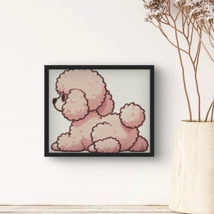Patrón de punto de cruz de adorable caniche rosa, punto de cruz estilo dibujos animados, perfecto para amantes de los perros, diseño de bordado en PDF, punto de cruz para habitación de niños