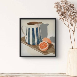 Randig kanna korsstygnsmönster, citrus- och kannabroderi, köksdekor X-stitch, mysigt gör-det-själv-väggbroderi, grapefrukt- och krukdesign