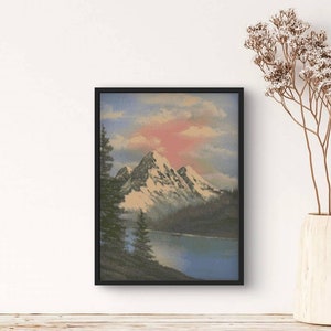 Berg Sonnenuntergang Kreuzstichmuster, Landschaft PDF Chart, Schneebedeckte Gipfel und See Stickdatei für Naturliebhaber, Gemütlicher Kreuzstich