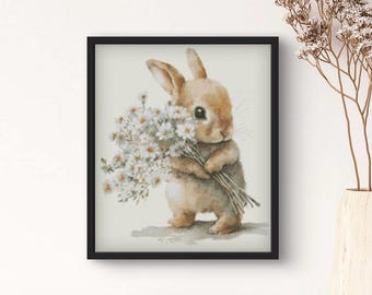Cute Bunny With Flowers Cross Stitch PDF Pattern, Rabbit with Daisies, Floral Spring Embroidery, DIY Gift for Easter, Whimsical Animal Decor