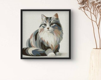 Pluizige kat kruissteekpatroon pdf, minimalistisch katachtig ontwerp, modern kattenborduurwerk, trendy interieur, abstracte kat kruissteek pdf-bestand