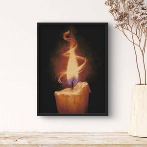 May include: A single candle with a yellow flame and a blue wick burning in a dark room. The flame is swirling and dancing.
