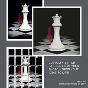May include: A white chess queen piece on a black and white checkered board. The queen is in the center of the board. The background is black. The image is a cross-stitch pattern.
