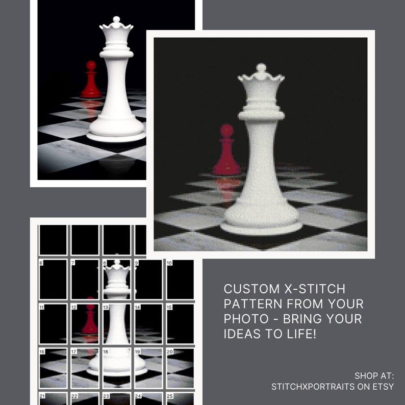 May include: A white chess queen piece on a black and white checkered board. The queen is in the center of the board. The background is black. The image is a cross-stitch pattern.