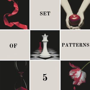 May include: A set of five patterns featuring a red ribbon, a chessboard with a white queen and a red pawn, a hand holding a red apple, an hourglass with red sand, and a red and white tulip.