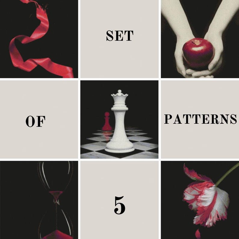 May include: A set of five patterns featuring a red ribbon, a chessboard with a white queen and a red pawn, a hand holding a red apple, an hourglass with red sand, and a red and white tulip.