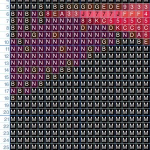 May include: A black and white grid with letters and numbers. The grid is filled with different colored squares, including red, blue, green, and brown.