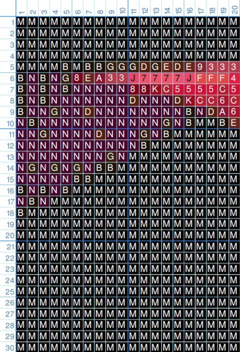 May include: A black and white grid with letters and numbers. The grid is filled with different colored squares, including red, blue, green, and brown.
