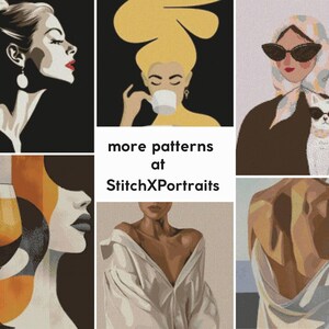 May include: A collage of six different images featuring women in various poses and styles. The images are in a grid format, with three images on top and three images on the bottom. The top left image features a woman with a black and white silhouette, the top middle image features a woman with yellow hair and a cup of coffee, the top right image features a woman with a white cat and a brown scarf, the bottom left image features a woman with a glass of wine, the bottom middle image features a woman wearing a white shirt, and the bottom right image features a woman wearing a white dress. The text "more patterns at StitchXPortraits" is in the center of the collage.