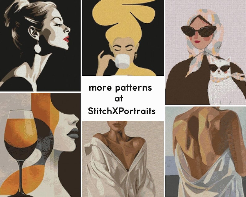May include: A collage of six different images featuring women in various poses and styles. The images are in a grid format, with three images on top and three images on the bottom. The top left image features a woman with a black and white silhouette, the top middle image features a woman with yellow hair and a cup of coffee, the top right image features a woman with a white cat and a brown scarf, the bottom left image features a woman with a glass of wine, the bottom middle image features a woman wearing a white shirt, and the bottom right image features a woman wearing a white dress. The text "more patterns at StitchXPortraits" is in the center of the collage.