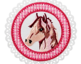 Pferd - Pferdekopf - Button m. Spitze  - Applikation - 7,5cm - Bügelbild  - Aufbügeln - Patch - Aufnäher -