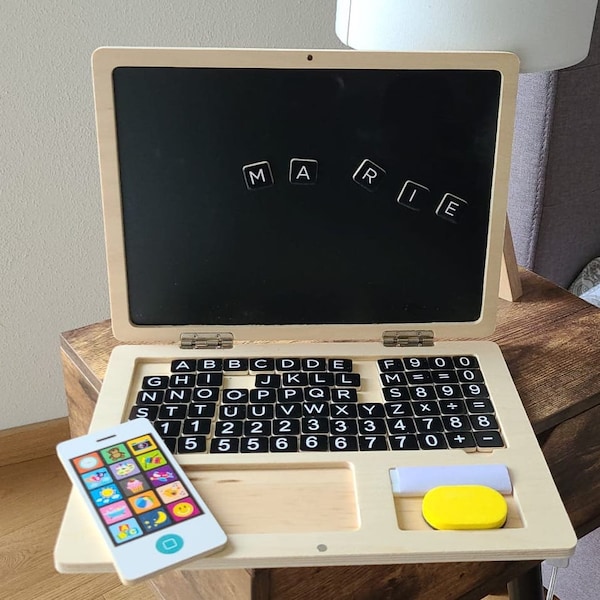 Laptop - Holz - Tafel - Handy - personalisierbar - Rollenspiel - Geschenk - Geburtstag - ab 6 Jahren