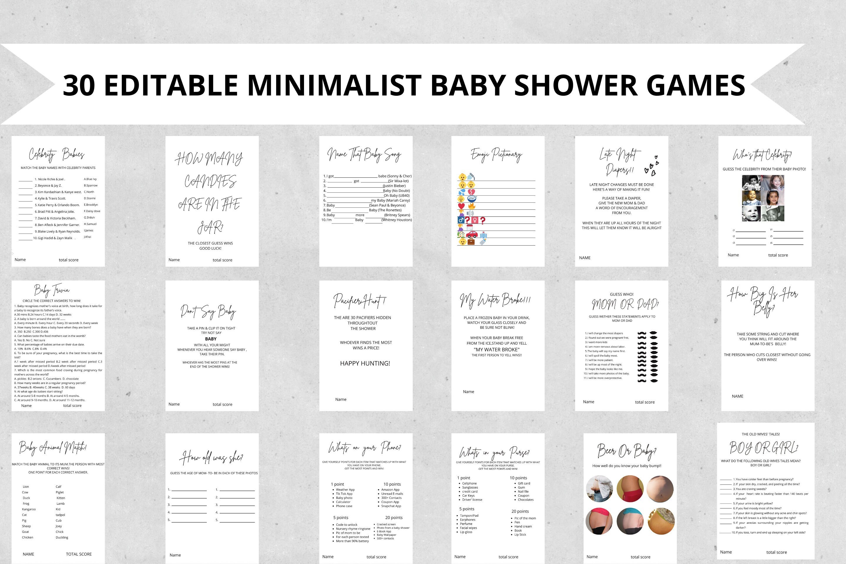 30 Minimalist Baby Shower Games, Modern Baby Shower Games, Gender