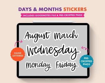 Jours de la semaine et autocollants du mois pour GoodNotes | Lettres manuscrites | Agenda numérique | Pack d'autocollants numériques