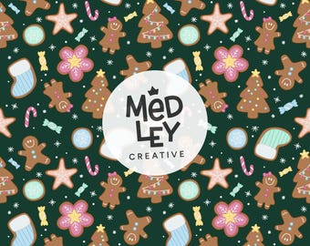 Christmas Gingerbread Cookie Seamless Pattern | Forest Green | Digital Download | Commercial License Included