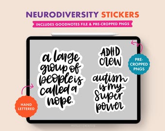 Stickers neurodivergents, autisme et TDAH pour GoodNotes | Lettres manuscrites | Agenda numérique | Pack d'autocollants numériques