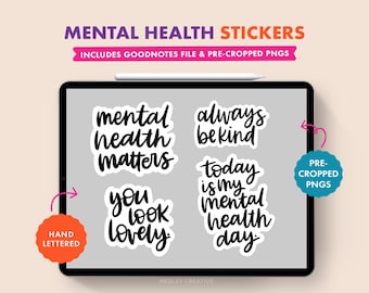 Stickers santé mentale et gentillesse pour Stickers GoodNotes | Lettres manuscrites | Agenda numérique | Pack d'autocollants numériques