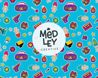 Kidcore Nostalgie des années 90 | Modèle sans couture groovy dessiné à la main en bleu | Téléchargement instantané PNG