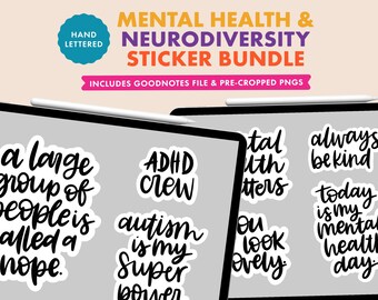 Lot d'autocollants sur la santé mentale et les troubles neurodivergents pour GoodNotes | Lettres manuscrites | Agenda numérique | Pack d'autocollants numériques