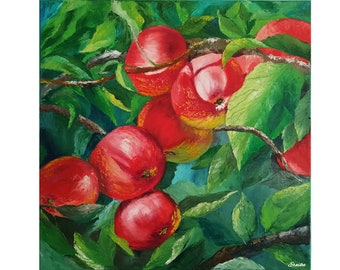 Apples Painting, Red Apple Wall Art, Apples the branch, Original Art, Impasto Painting on Canvas, Oil Painting by Ernika