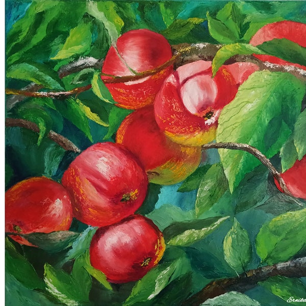 Peinture de pommes, oeuvre d'art murale pomme rouge, pommes la branche, oeuvre d'art originale, empâtement peinture sur toile, peinture à l'huile par Ernika