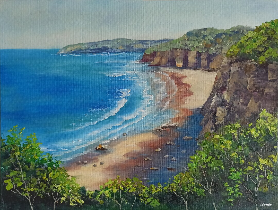 Sea Coast Landscape Painting, Ocean Beach Wall Art, Mountain Painting