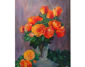 Rose Painting Yellow Roses Wall Art Floral Painting Original Art Painting on Canvas Oil Painting by Ernika