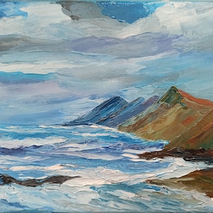 Seelandschaft Malerei, Ozean Wand Kunst, Berg Malerei, Wellen, Original Kunst, kleines Gemälde auf Leinwand, Ölgemälde von Ernika