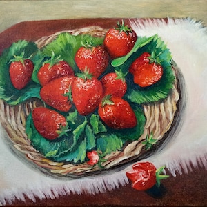 Strawberry Painting Berries Oil Painting on Canvas Fruits Wall Art for Kitchen by Ernika
