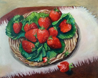 Peinture à l'huile de baies sur toile de fraises, oeuvre d'art murale de fruits pour la cuisine par Ernika