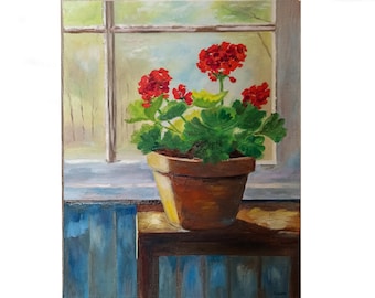 Geranium Painting, Floral Painting,  Red Flowers Wall Art  Original Art  Painting on Canvas Oil Painting by Ernika