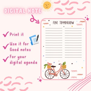 Puede incluir: Una plantilla de notas digital rosa y blanca con un sol, una bicicleta y el texto "FOR TOMORROW". La plantilla está diseñada para escribir notas y tareas para el día siguiente.
