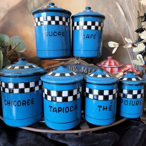 Vintage, French enamelware blue and white checkered 5-piece canister set