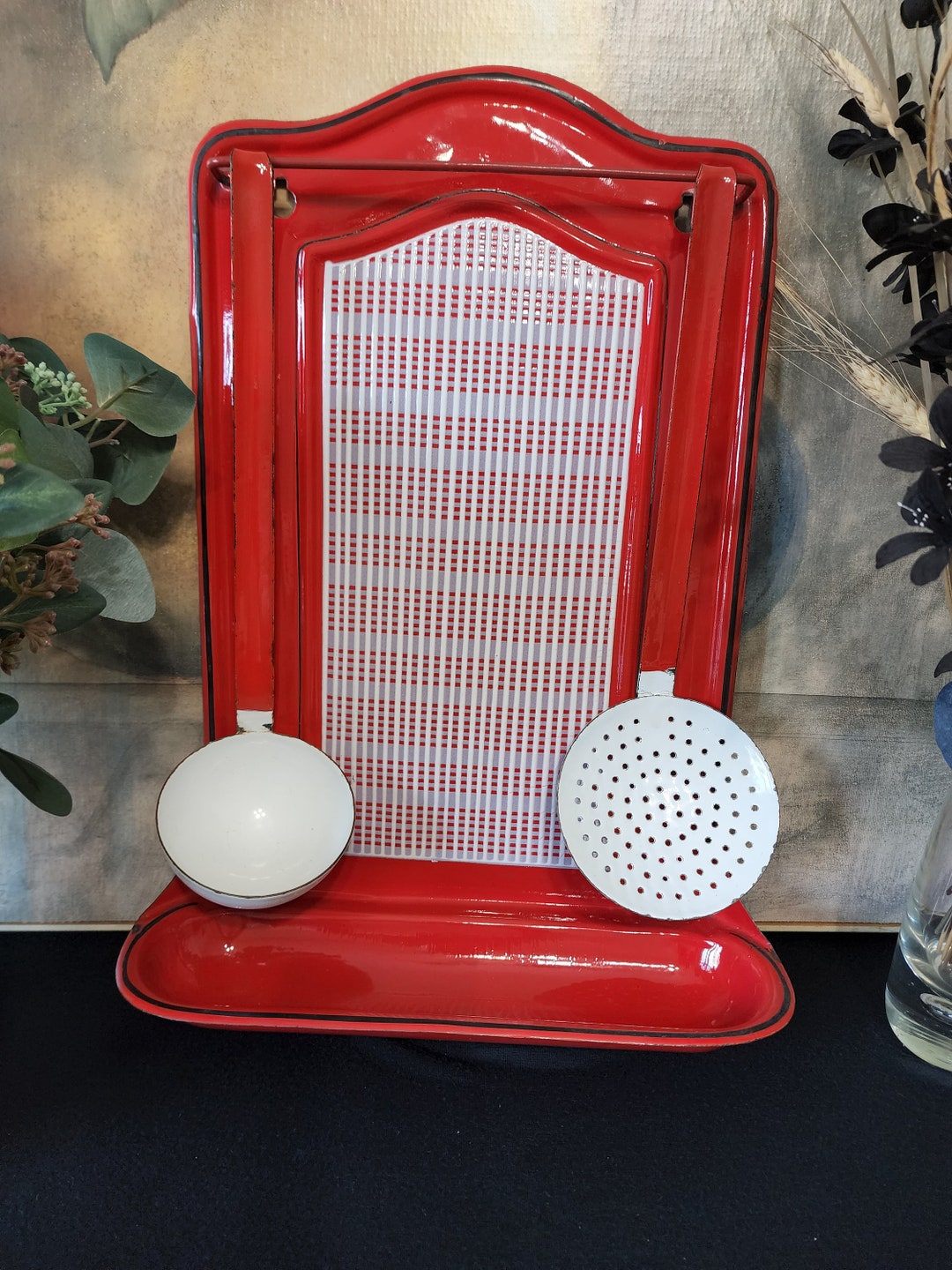 Enamel Spoon Rack Vintage, Enamelware Utensil Rack