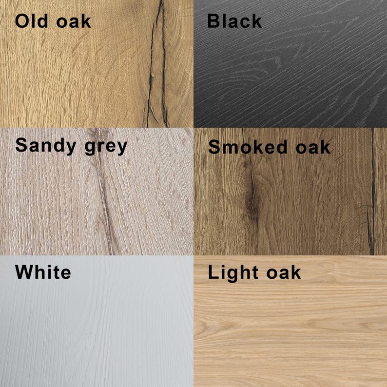 May include: A wood grain color chart with six different wood finishes: Old oak, Black, Sandy grey, Smoked oak, White, and Light oak.