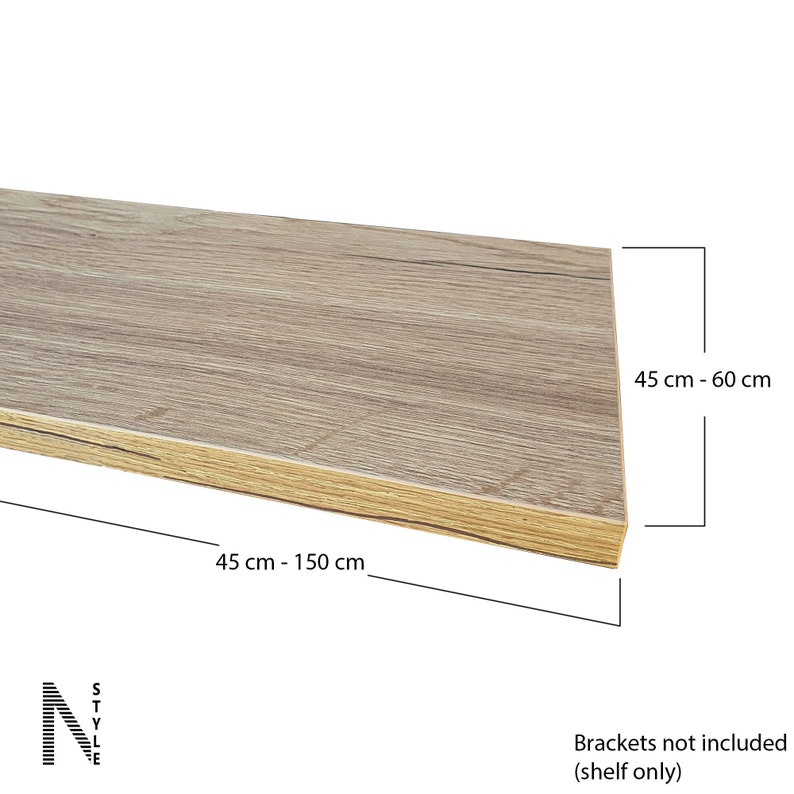 May include: A light wood shelf with a natural wood grain finish. The shelf is 45 cm to 150 cm long and 45 cm to 60 cm wide. Brackets are not included.