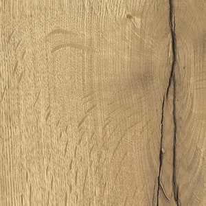 May include: Close-up of a light brown wood grain surface with a dark brown crack running vertically down the center.